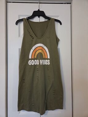 Olive Green Tank Dress with Retro Rainbow "Good Vibes" Graphic